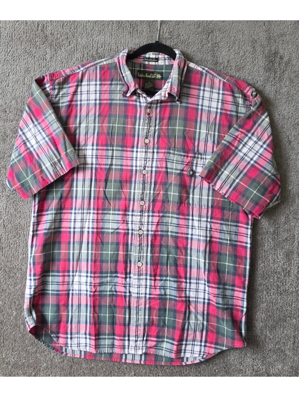 Knights of Round Table Top Men Sz XL Button Down Shirt Plaid Pink Green White